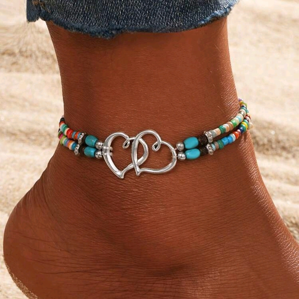 Silver Heart Beaded Anklet